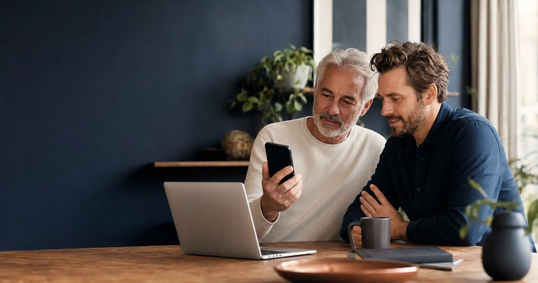 Zwei Erwachsene arbeiten selbstständig mit Smartphone und Laptop.