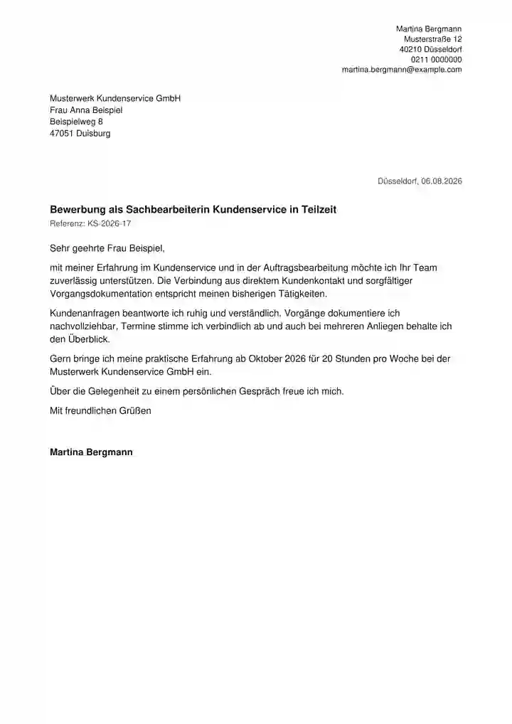 Echte Renderer-Vorschau des Designs Schlicht mit ruhigem Briefkopf und klar gegliedertem Anschreiben